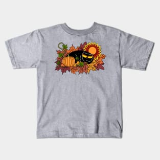 Fall Cat with Autumn Leaves, Sunflower and Pumpkin Kids T-Shirt